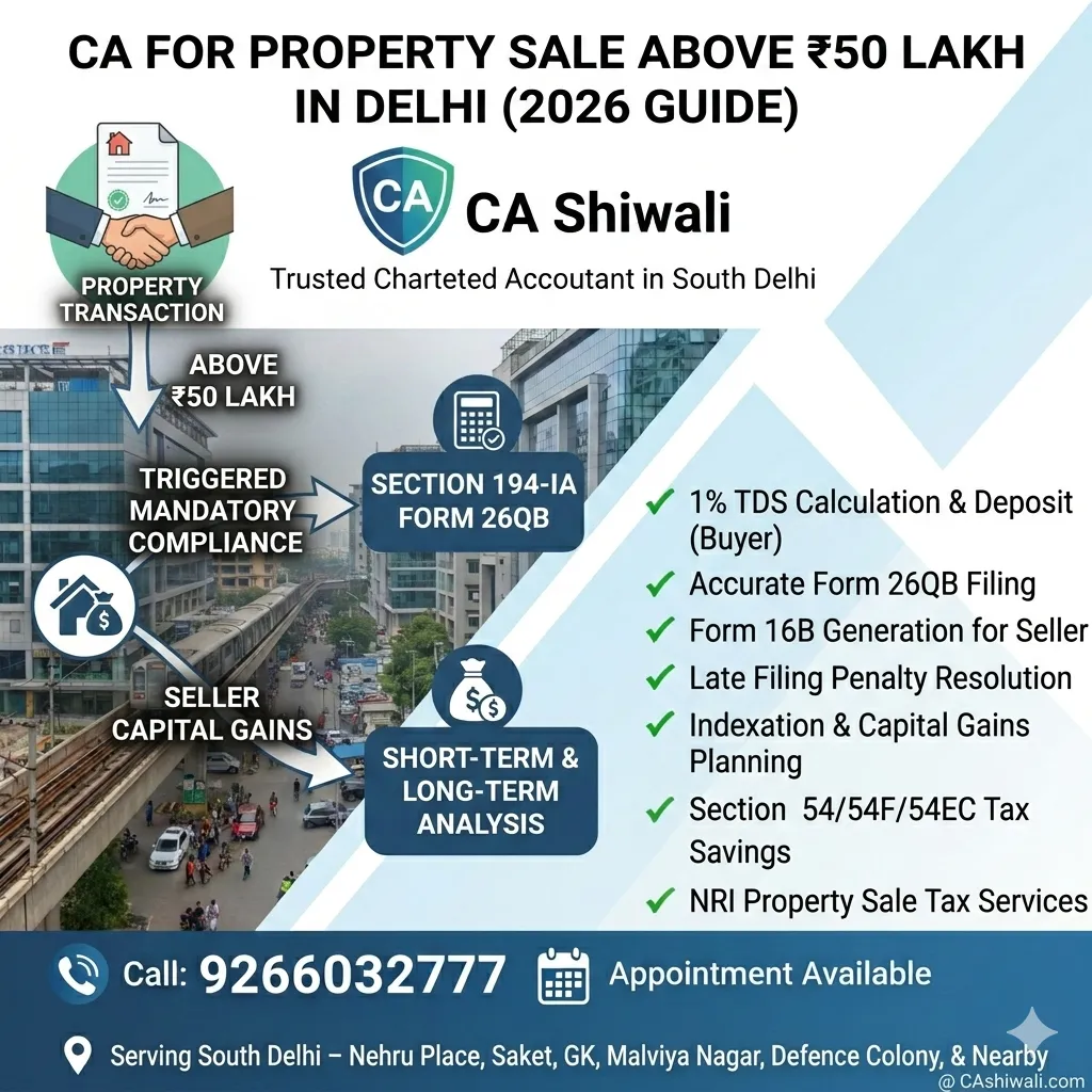 CA for property sale above ₹50 lakh in Delhi handling TDS and capital gains tax