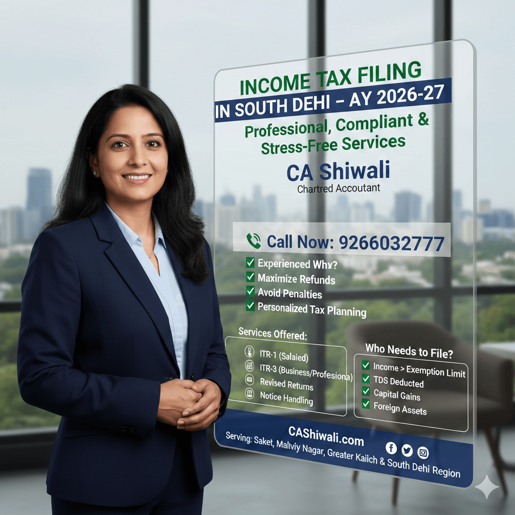 Income Tax Filing consultation in South Delhi by CA Shiwali