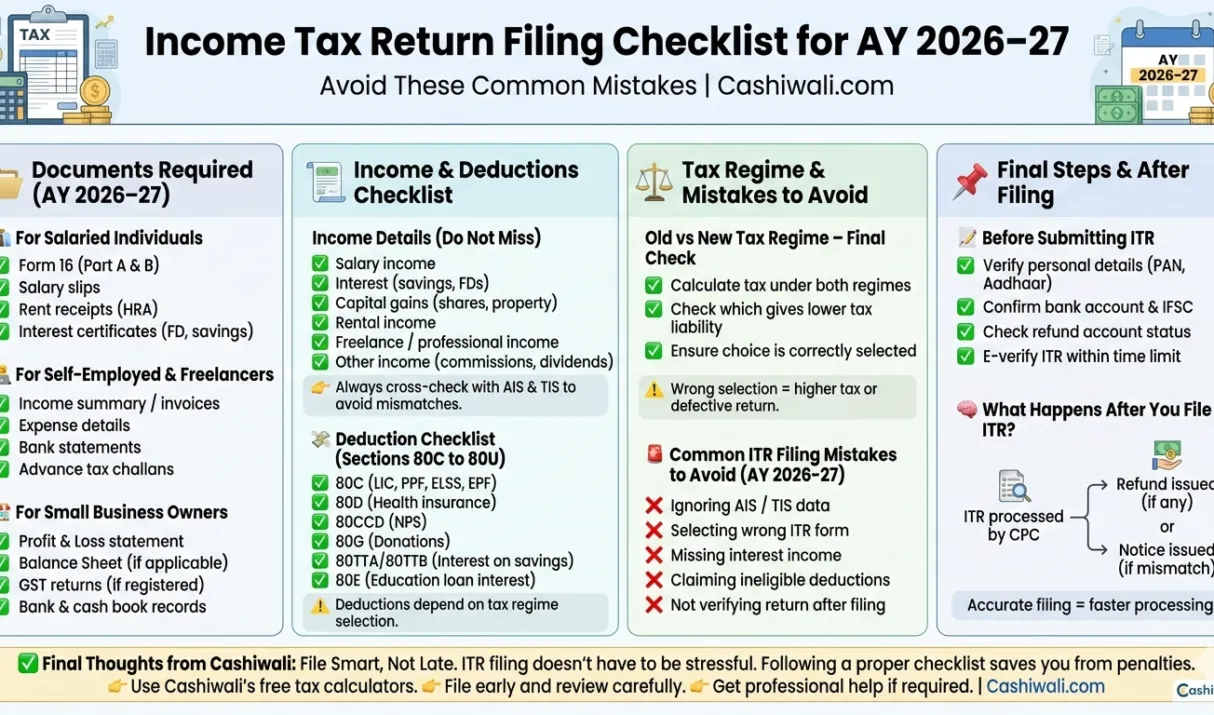 Filing Status Checklist ITR Filing Checklist AY 2026–27 | Documents, Deductions & Mistakes