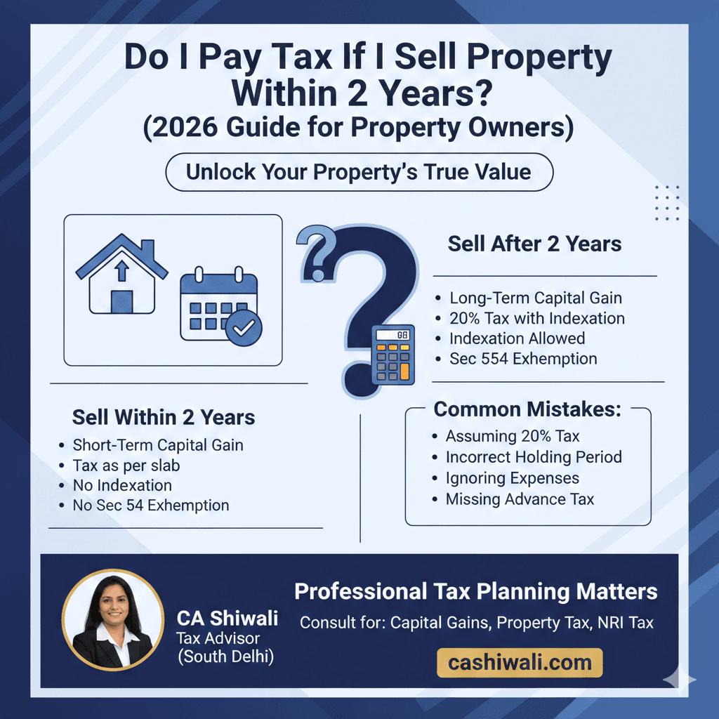 Short-term capital gains tax calculation on property sale within 2 years in India 2026