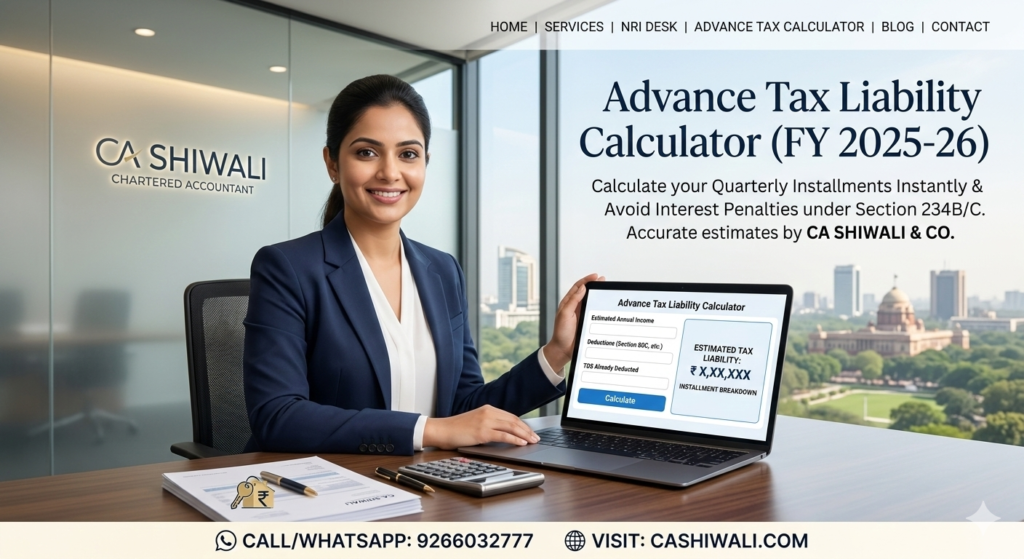 Professional tax consultant CA Shiwali Dagar presenting the 2025-26 Advance Tax Liability Calculator for business owners in South Delhi.