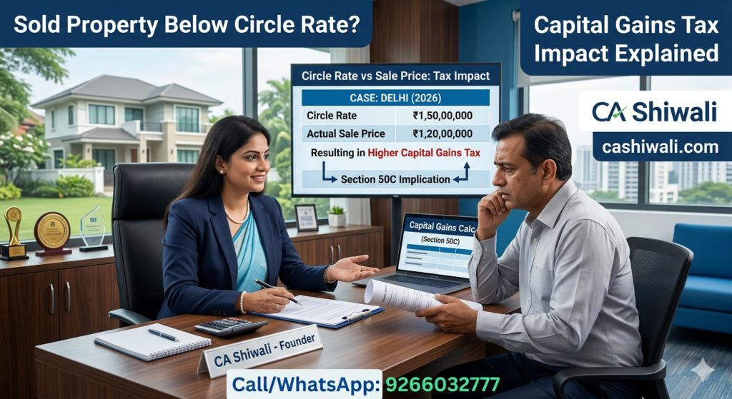 Capital gains when property sold below circle rate explained by CA Shiwali