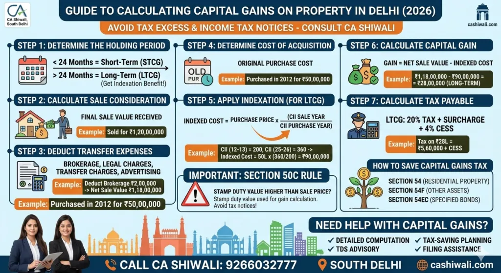 How to calculate capital gains on property sale in Delhi with indexation example