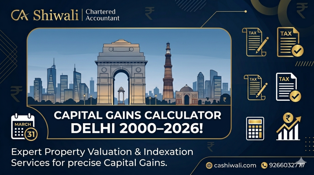 Capital gains calculator Delhi NCR with circle rate 2000 to 2026 by CA Shiwali showing tax calculation on property sale