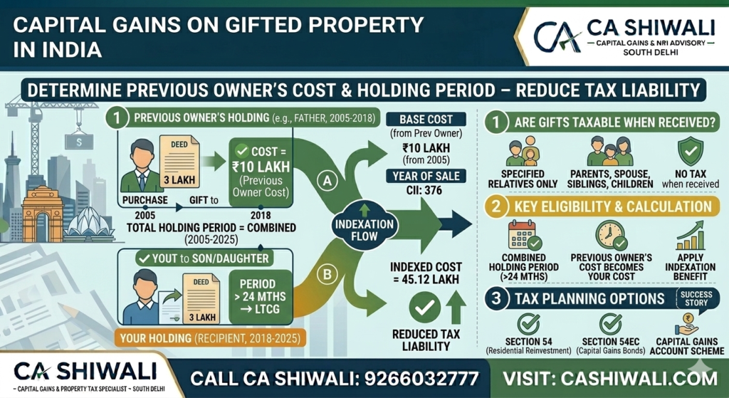 capital gains tax on gifted property calculation example India