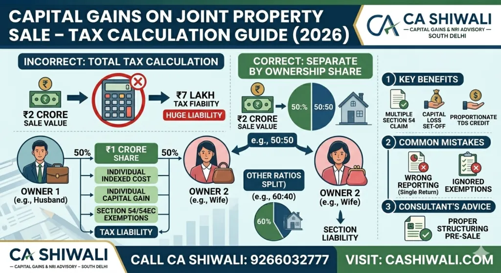 Capital gains tax calculation on joint property sale India