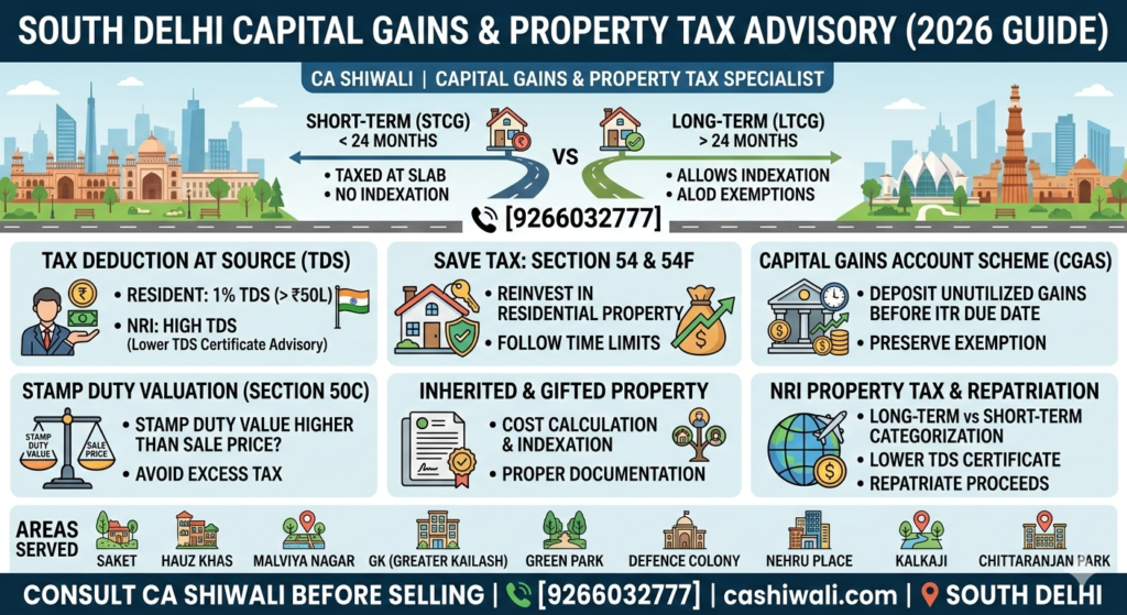 Capital gains and property tax advisory in South Delhi by CA Shiwali