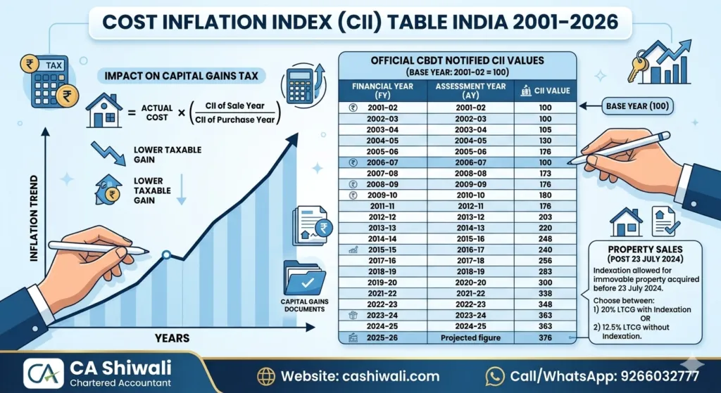 Cost Inflation Index Table India 2001 to 2026 for capital gains indexation CA Shiwali