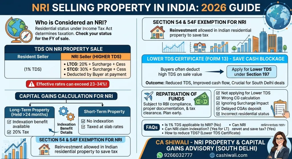 NRI property sale India TDS and capital gains tax calculation