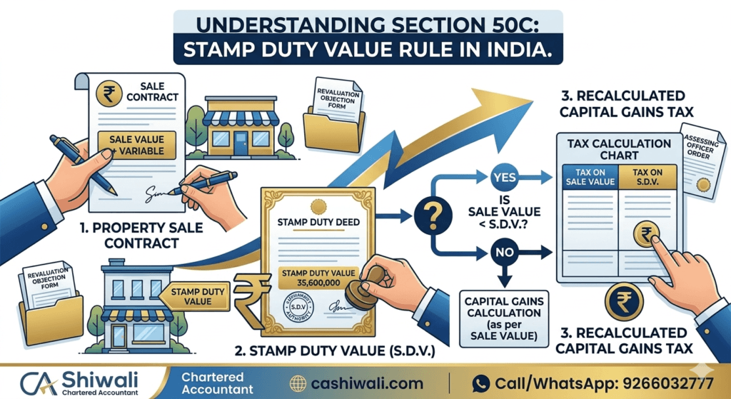 Section 50C stamp duty impact calculator for capital gains tax on property sale in India – CA Shiwali
