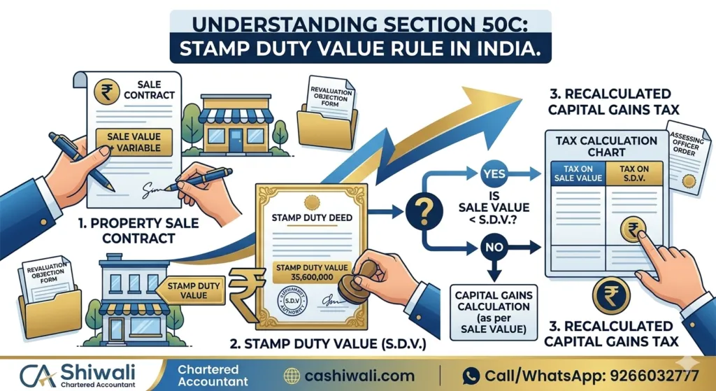 Section 50C stamp duty impact calculator for capital gains tax on property sale in India – CA Shiwali