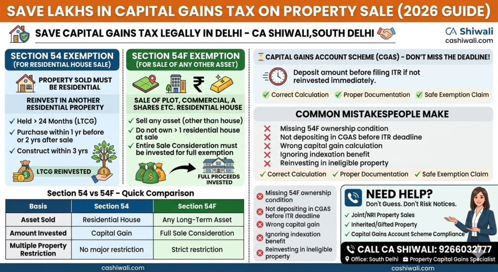 Section 54 and 54F capital gains exemption on property sale in Delhi explained by CA Shiwali