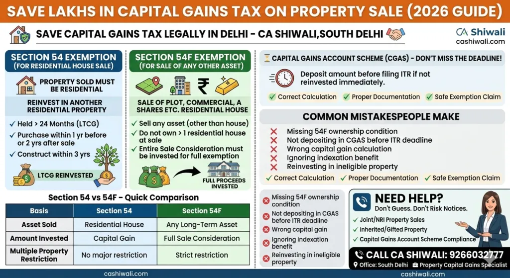 Section 54 and 54F capital gains exemption on property sale in Delhi explained by CA Shiwali